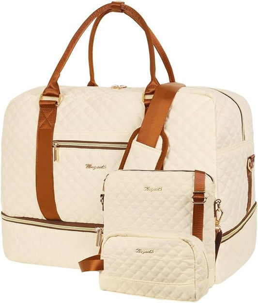 Wogarl 3PCS Weekender Bags for Women Large Overnight Bag Weekend Travel Duffel Bag Carry on Shoulder with Shoe Compartment Canvas Toiletry Bag for Travel Business Gym,Beige by Wogarl