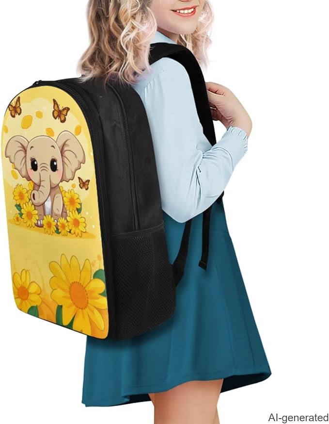 Sunflower Elephant Backpack for Girls Kids Backpack with Lunch Box Water Bottle Pouch and Cute Pencil Case 4PCS Set Bookbag with Compartments 17 inch Kawaii School Bag for Elementary Girls - Image 2