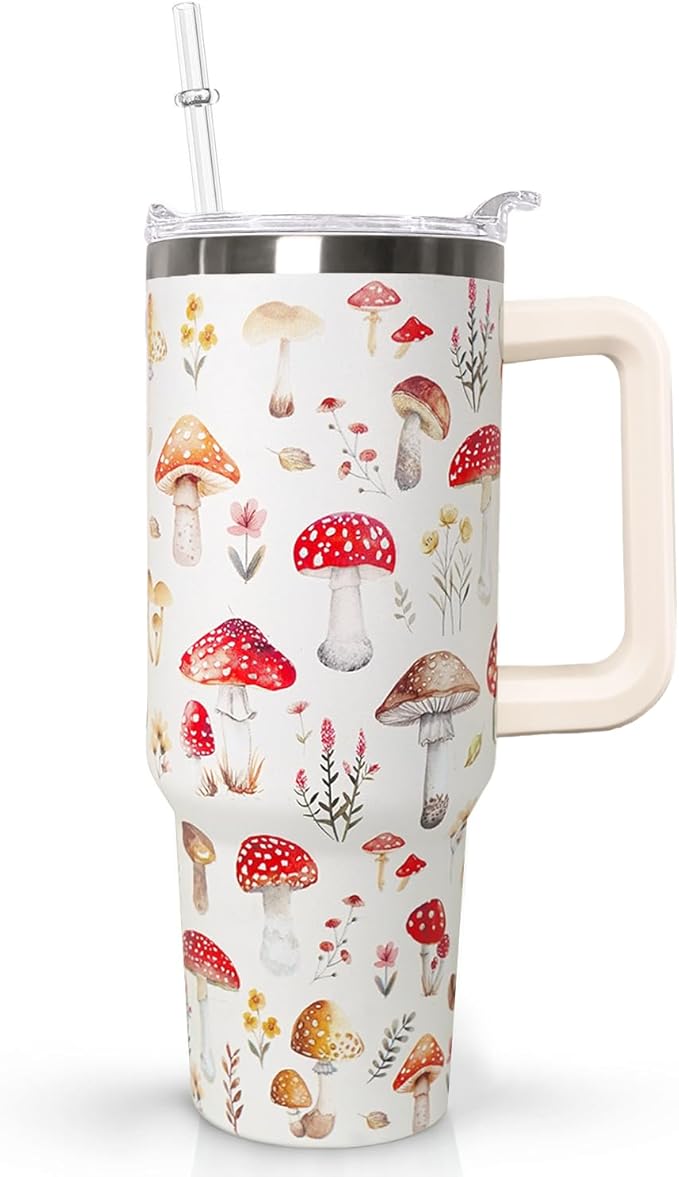 30 Oz Mushroom Tumbler With Handle,Mushroom Coffee Travel Mug Cup Water Bottle,Mushroom Decor,Mushroom Gifts for Women