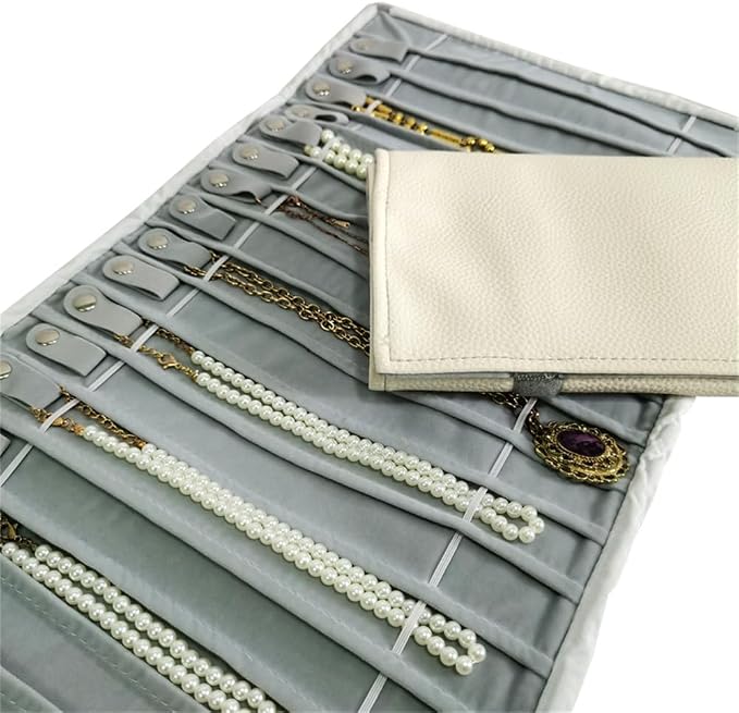Travel Necklace Organizer, Tangle Free Jewelry Case, 16 Slots | Foldable,LightWeight Compact, Velvet Lining Jewelry Storage Bag for Chain Bracelet, Gift for Women Girls,Gray PU Gray Velvet - Image 3