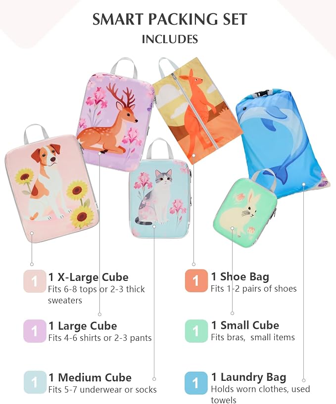 Gonex Compression Packing Cubes, 6pcs Expandable Storage Travel Luggage Bags Organizers with Shoe Bag Laundry Bag, Travel Cubes for Suitcase Carry On (Animals) - Image 4