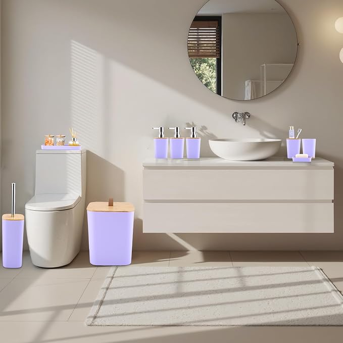 XLHOMO Bathroom Sets with Shower Curtain and Rugs, 27PCS Purple Bathroom Accessories Set with Trash Can, Purple Shower Curtain Set, No Slip Super Absorbent Bathroom Rugs - Image 8