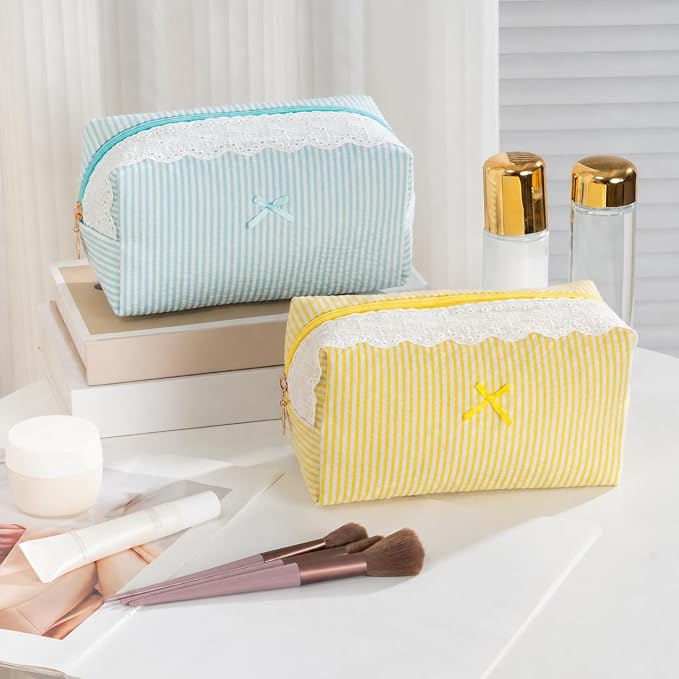 Makeup Bag Travel Toiletry Bag for Women, Small Cosmetic Bags with Lace Trim Cute Yellow Stripe Aesthetic Organizer Makeup Pouch for Purse Emergency Bag Pencil Case Accessory Bag - Image 6