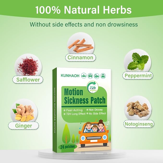 (2026 New) Motion Sickness Patches Non-Drowsy, 100% Natural Motion Sickness Patch-Travel Essentials-for Car,Airplane,Ship(Fast High Altitude Relief Patch) -for Adults and Kids(24 Count)