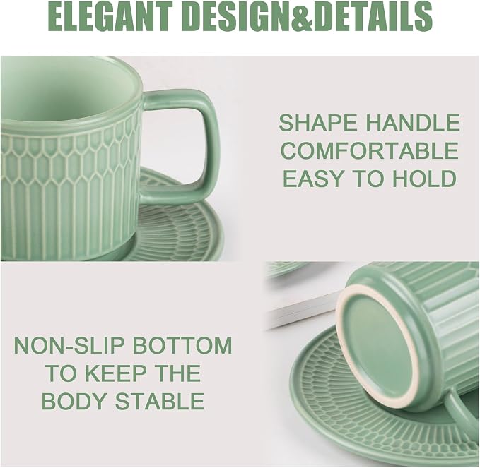 8oz Cappuccino Cups with Saucers Set of 4, 8 Ounce Stackable Embossed Ceramic Coffee Mugs for Specialty Coffee Drinks, Latte Mugs, Cafe Mocha and Tea, Dishwasher & Microwave Safe (Mix) - Image 4
