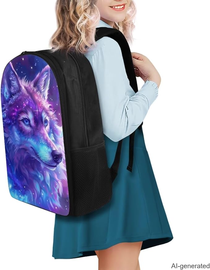 Galaxy Wolf Backpack for Girls Boys Backpack with Lunch Box Water Bottle Carrier with Strap and Big Pencil Case 4PCS Bookbag with Compartments for School 17 inch Sturdy School Bag for Kids - Image 2