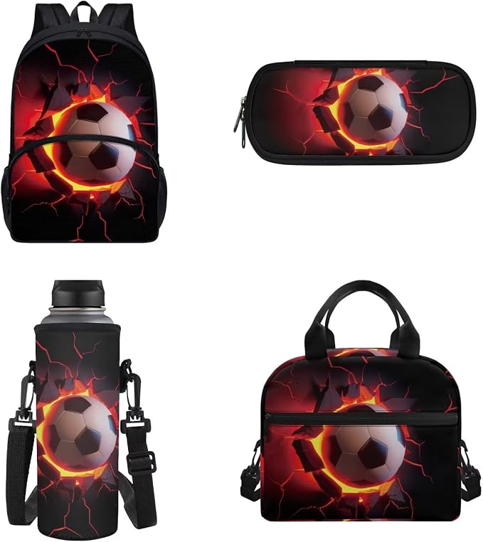 Custom Personalize Boys Backpack Football Backpack Fire Football Bookbag with Insulated Lunch Box Pencil Case Water Bottle Holder Bag 4 Pack Preschool Bookbag with Kids Name - Image 2