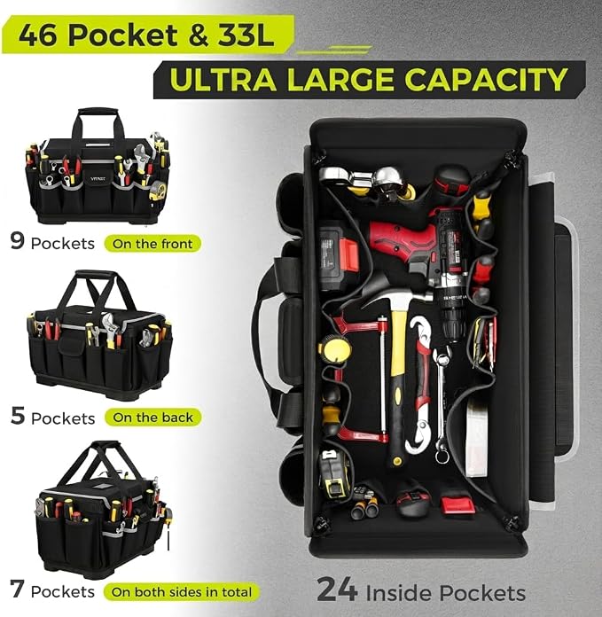 Heavy Duty Tool Bag 18-Inch, Extra Large 46 Pockets Electrician Tool Bag for men with Hard Bottom & Waterproof Pocket, 1680D Tear-Proof Toolbox Organizer for HVAC Mechanic, Father Dad Birthday Gift - Image 4