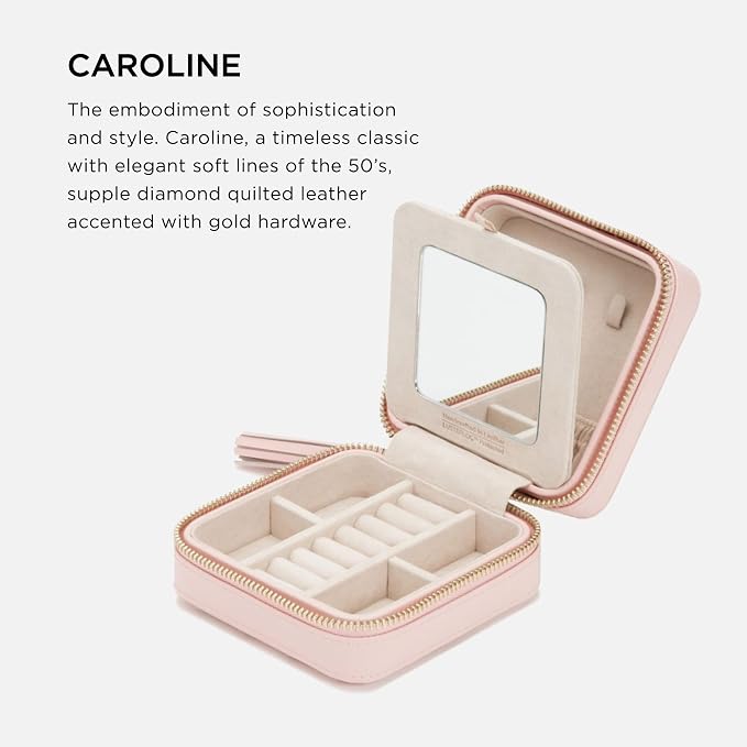 WOLF Caroline Zip Travel Case, Rose Quartz - Seven Ring Rolls, Four Compartments, Three Necklace Hooks & Pocket - Anti-Tarnish LusterLoc Lining - Image 2
