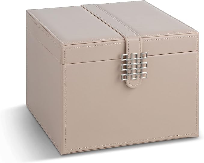 Glenor Co Earring Organizer Holder - 75 Small & 4 Large Slots Classic Jewelry Box with Drawer & Modern Closure, Mirror, 4 Trays Earrings, Ring or Chain Storage - PU Leather Case - Sand - Image 2