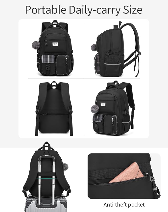 School Backpack for Teen Girls, Big Student Laptop Backpack Aesthetic Bookbags for College Women Elementary Middle High School Travel Mochilas Escolares, Black - Image 6