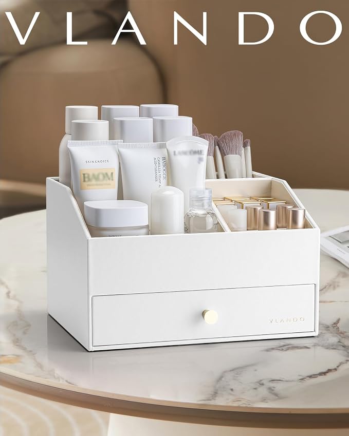VLANDO Makeup Organizer,Vanity Organizer with Drawers, PU Leather Skincare Organizer Perfume Organizer,Large Cosmetic Display Case for Lipstick,Brushes Gifts for Women-White - Image 7