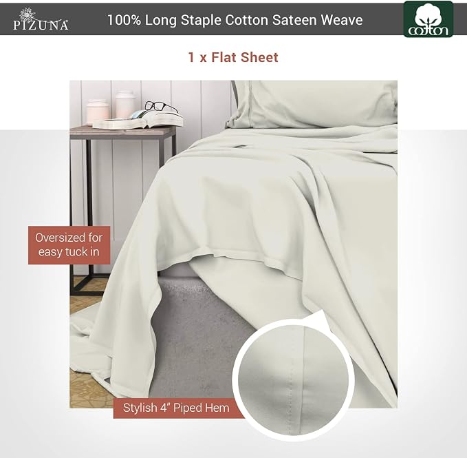 Pizuna Pure 100% Cotton Flat Sheets Only Full Silver (1 PC), Luxurious 400 Thread Count Long Staple Cotton Sateen with 4" Hem (Combed Full Flat Sheet Only Cotton) - Image 3