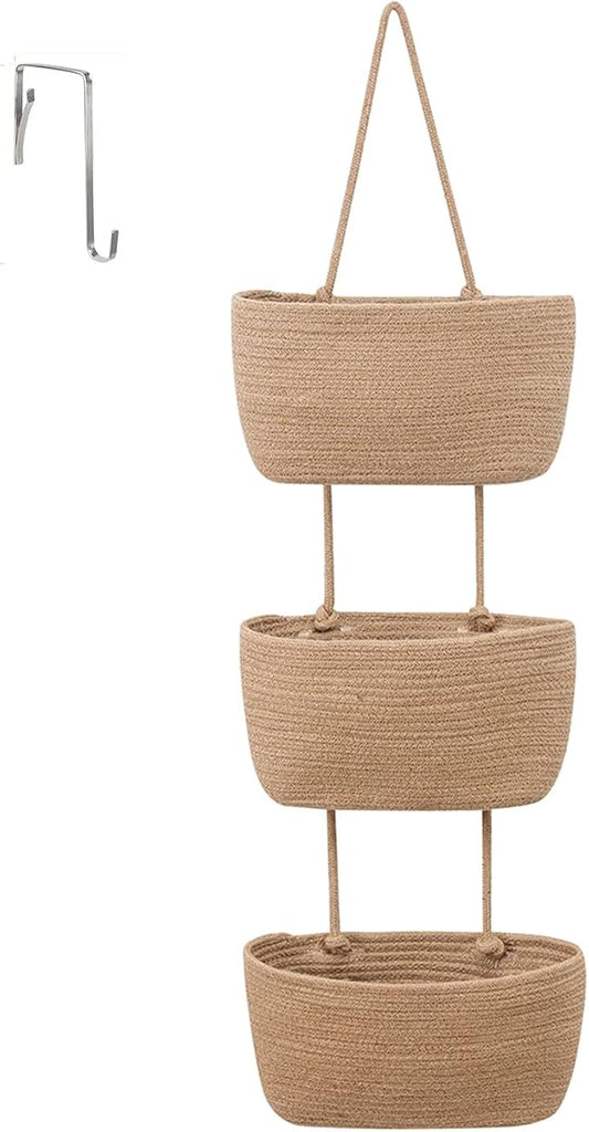 3-Tier Over the Door Hanging Basket, Wall Mount Hanging Storage Organiser Bag, Cotton Rope Woven Storage Solution with Hook, Decorative Hanging Baskets for Bedroom, Living Room, Bathroom, Nursery (B) by maxant