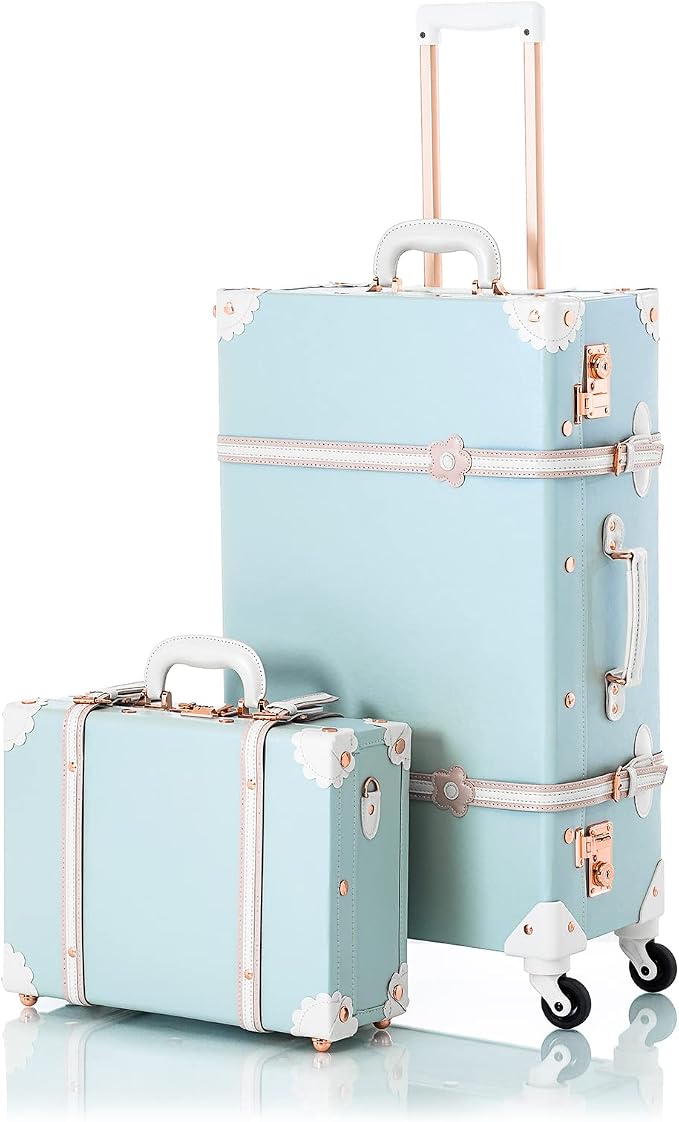 COTRUNKAGE Vintage Checked Luggage Sets 2 Piece Suitcase for Women with 16" Suitcase Bag, Sky Blue by COTRUNKAGE