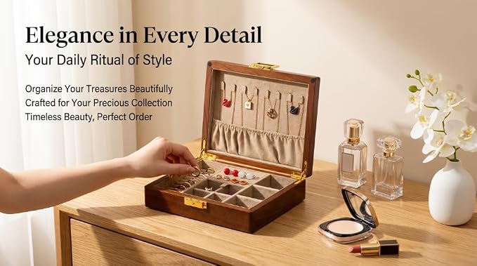 Solid Black Walnut Jewelry Box with Lock and Key Large Capacity Vintage Wooden Organizer for Women and Men Ring Necklace Earring Cufflink Storage Compartments Removable Dividers Gift - Image 6