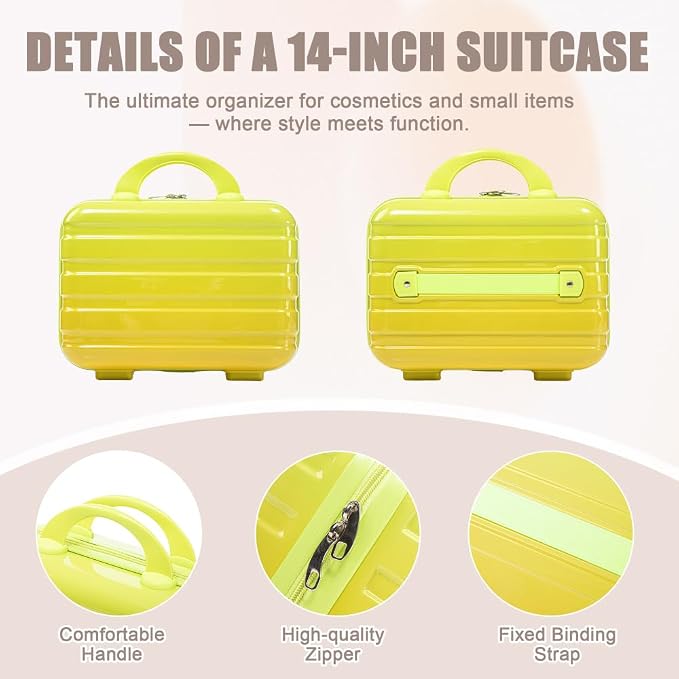 Gradient Color Suitcase 2-Piece Set, 20" Rotating Wheel Suitcase with 14" Cosmetic Case, Lightweight Durable Hardshell Luggage with 360° Spinner Wheels for Travel, Women & Girls (Green+Yellow) - Image 6
