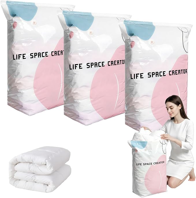 3PCS No Pump Vacuum Storage Bags, No Pump Large Vacuum Storage Compression Bags, Thick Airtight Reusable Organizer for Clothes Comforters Travel Moving Closet Storage(L) by Unknown