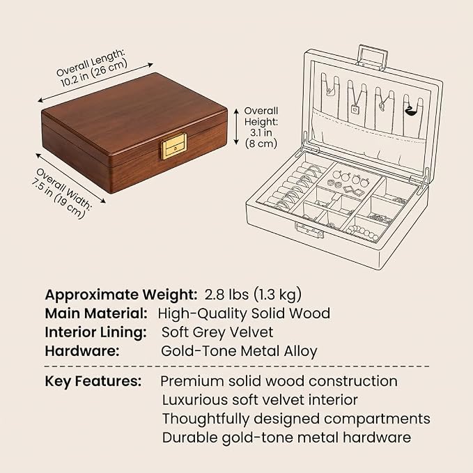 Solid Black Walnut Jewelry Box with Lock and Key Large Capacity Vintage Wooden Organizer for Women and Men Ring Necklace Earring Cufflink Storage Removable Dividers Gift for Christmas - Image 4