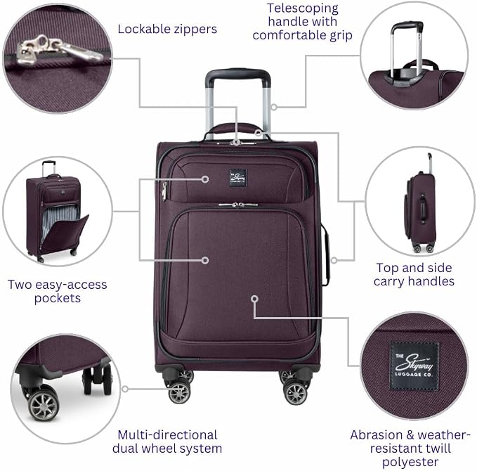 Skyway Epic Softside Carry-On Luggage - Lightweight Suitcase with Wheels for Travel | TSA Approved Carry-On Bag | Spinner Suitcase | Carry-On Luggage with Telescoping Handle, 20 inch, Plum - Image 2
