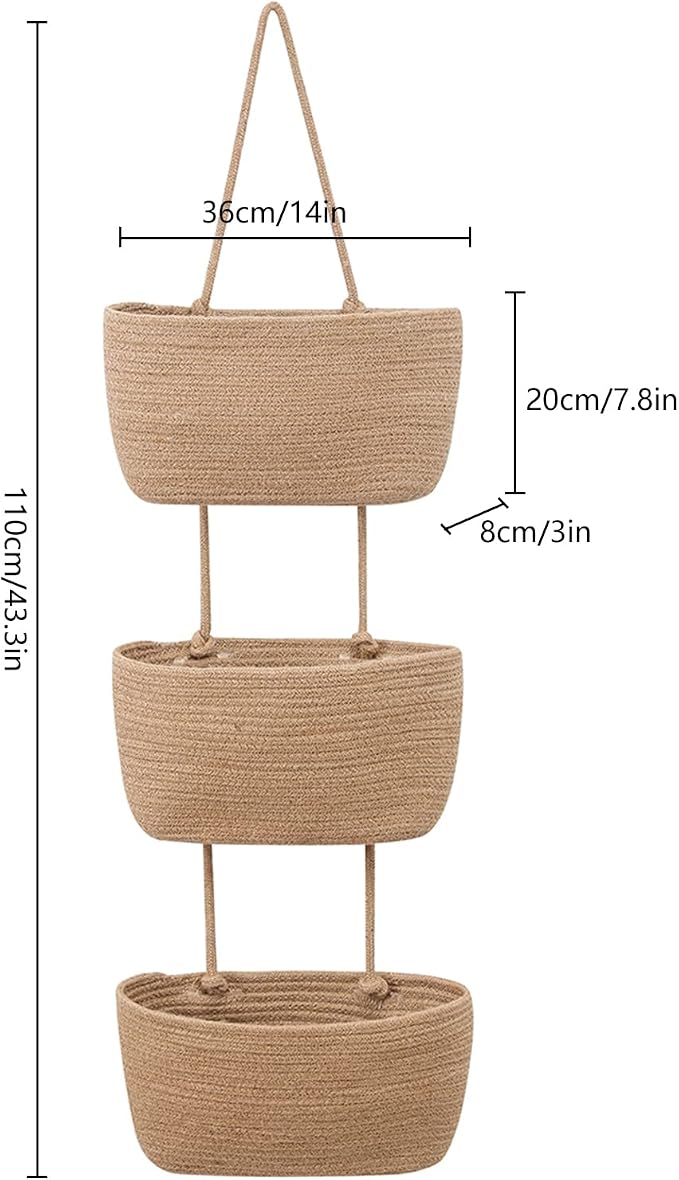 3-Tier Over the Door Hanging Basket, Wall Mount Hanging Storage Organiser Bag, Cotton Rope Woven Storage Solution with Hook, Decorative Hanging Baskets for Bedroom, Living Room, Bathroom, Nursery (B) - Image 3