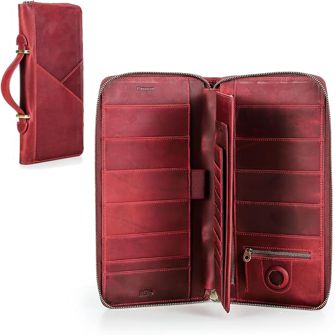 CONTACTS Family Passport Holder for 10 Full Grain Leather Compatible with Airtag Passport Holder Family Travel Document Organizer Multiple Rfid Blocking Passport Wallet (Red) by CONTACTS