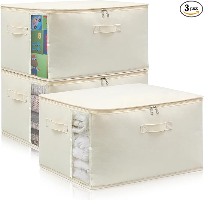 Canvas Comforters Bags Closet Organizers and Storage for Quilts Clothes Organization Containers Bins with Sturdy Zipper, Clear Window 75L for Sweaters Blankets Storage Bedroom Collapsible by CHICVIE