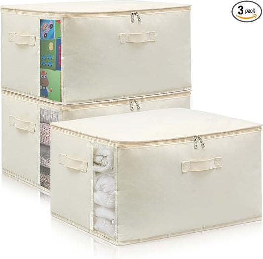 Canvas Comforters Bags Closet Organizers and Storage for Quilts Clothes Organization Containers Bins with Sturdy Zipper, Clear Window 75L for Sweaters Blankets Storage Bedroom Collapsible by CHICVIE