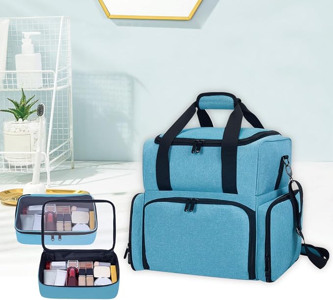 Large Makeup Bag with 2 Removable Case Cosmetic,Green | Large Makeup Bag with 2 Removable Case Multifunctional Cosmetic Bag Double Layer Travel Toiletry Organizer - Image 7