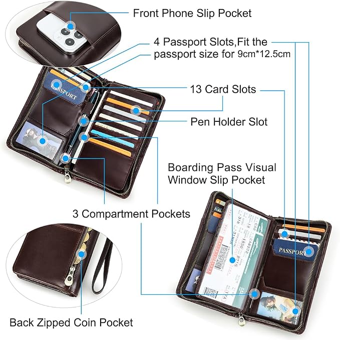 CONTACTS Travel Passport Wallet for 4 Leather Family Passport Holder Clutch Wallet Zipper Wrist Card Purse RFID Blocking with 13 Card Slot Fit up 4 Passports - Image 4