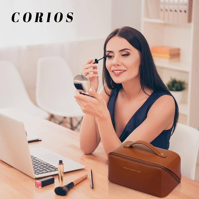 CORIOS Toiletry Bag For Women Portable Make Up Bag Waterproof Wash Bag PU Leather Cosmetic Bag Bathroom Shower Bag Multifunctional Travel Organizer For Shampoo, Cosmetics, Toiletries Brown - Image 2