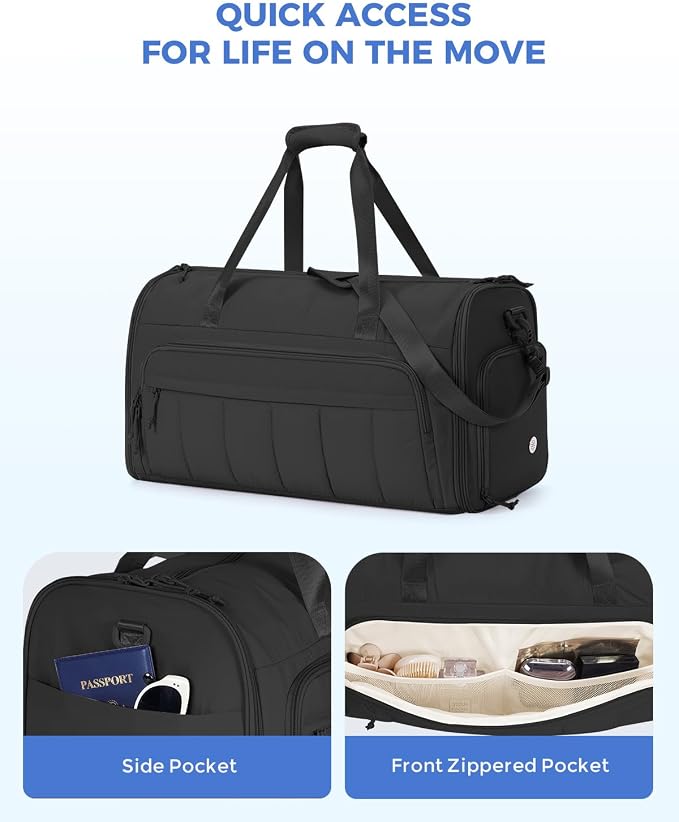 WANDF Convertible Garment Bags for Travel with Wet Pocket Carry on Garment Duffle Bag 2 in 1 Puffy Hanging Clothes Travel Bags with Shoe Compartment for Airplanes Business Weekend Gym Wedding (Black) - Image 7