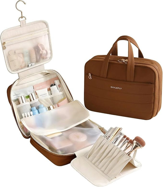 GIVLEFLY Luxury Hanging Makeup Bag for Women, Large 4-Layer Foldable Waterproof Cosmetic & Skincare Organizer with Handle, Fits Suitcase & Train Seat for Travel（brown） by GIVLEFLY