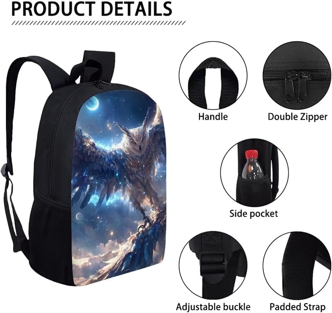 17 Inch Animal Print School Backpack And Lunch Box Set for Kids Lightweight Beautiful Magical Owl Backpack for Boys Girl Sturdy School Bag with Insulated Lunchbox Pencil Case Student Bookbag - Image 4