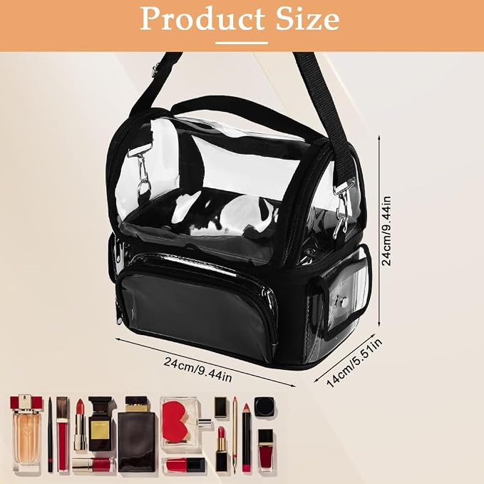 Zibuyu® Makeup Brush Case Clear Waterproof Makeup Organizer Bag with Adjustable Dividers, Multi-Pocket Transparent Vanity Bag for Travel, Artists & Daily Storage, with Handle & Shoulder Strap, Black - Image 2