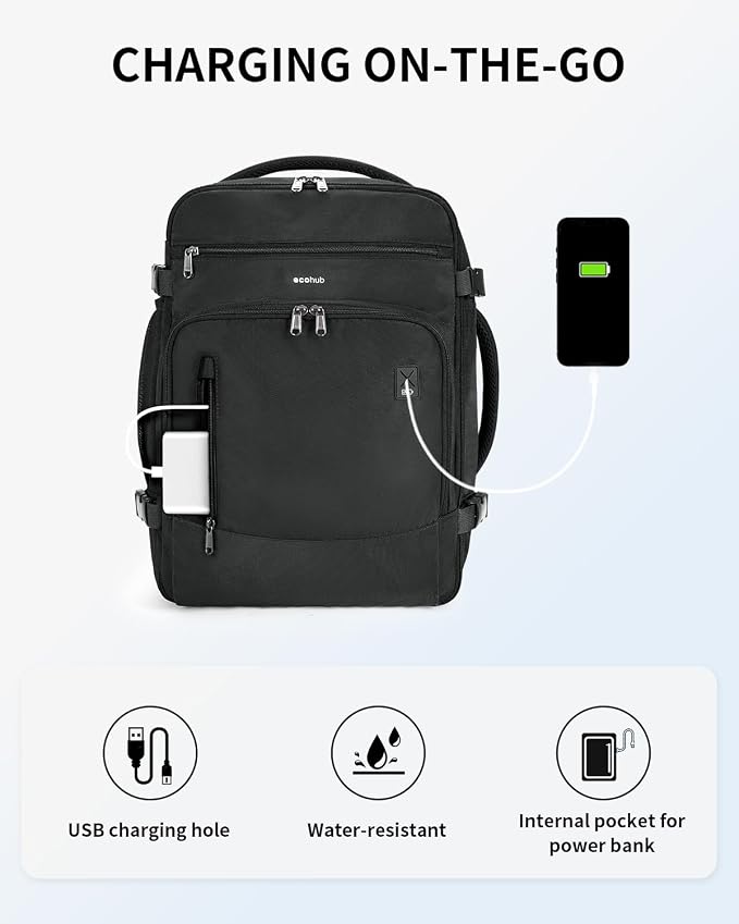 ECOHUB Travel Backpack for Men, 18x14x8 Frontier Airlines Personal Item Bag with Clear Toiletry Bag, Laptop Carry on Backpack with USB Port, Airline Approved Under Seat 14 Pockets 30L, Black - Image 6