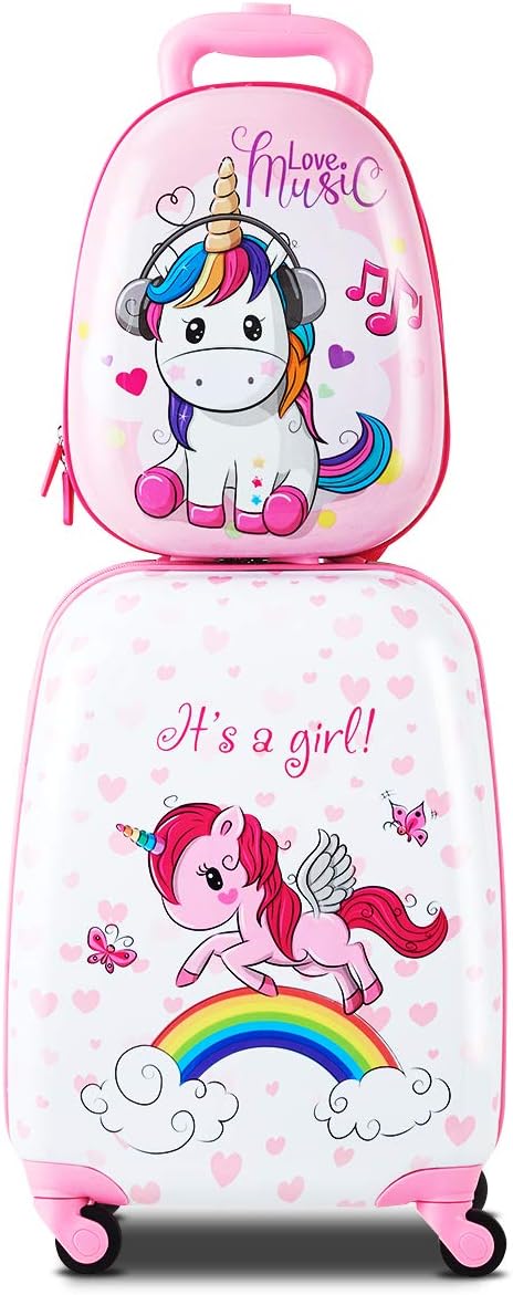 HONEY JOY 2 Pcs Kids Carry On Luggage, 12" School Backpack & 16" Rolling Suitcase, Waterproof Hard Shell Travel Case with Spinner Wheels, Gift for Boys Girls Overnight Travel, Pink Unicorn by HONEYJOY