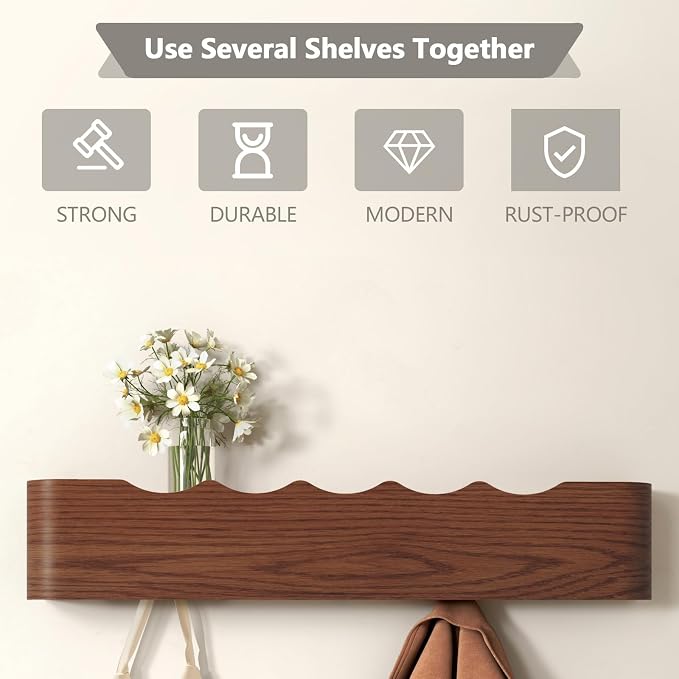 Wall Mounted Coat Rack with Shelf, Wooden Entryway Organizer with Hidden Metal Hooks for Hanging Coats Bags Keys, Modern Floating Shelf for Hallway Bathroom - Image 3