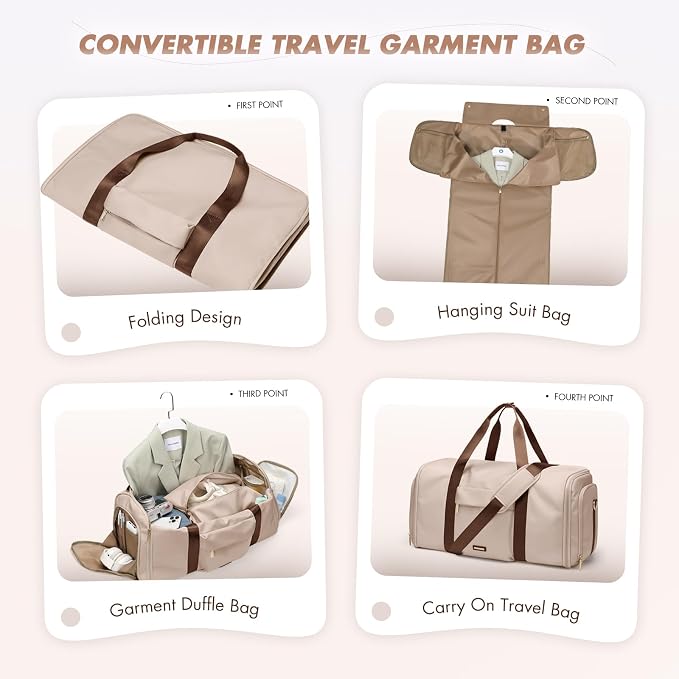 Convertible 2-in-1 Garment Bags for Travel,Women Men Carry On Garment Duffle Bag With Shoe Compartment,Hanging Suit bag,48L,Apricot - Image 3