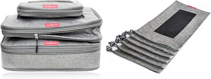 LeanTravel Bundle Compression Packing Cubes Set of 3 + Shoe bags for Travel Set of 6 - Color Grey by LeanTravel