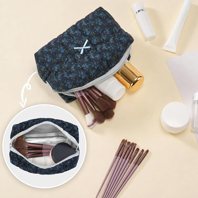 Makeup Bag Travel Toiletry Bag for Women, Small Cosmetic Bags Aesthetic Organizer Quilted Cotton Makeup Pouch&Purse Emergency Bag Floral Pencil Case Accessory Bag, Midnight Blue - Image 4