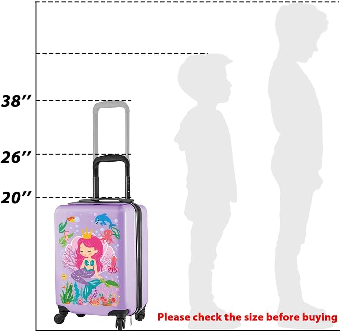 Sanwuta 4 Pcs Kids Luggage Set Back to School Gifts for Girls Boys Carry On Rolling Suitcase Backpack Neck Pillow Travel Set(20 Inch,Mermaid Style,Purple) - Image 8