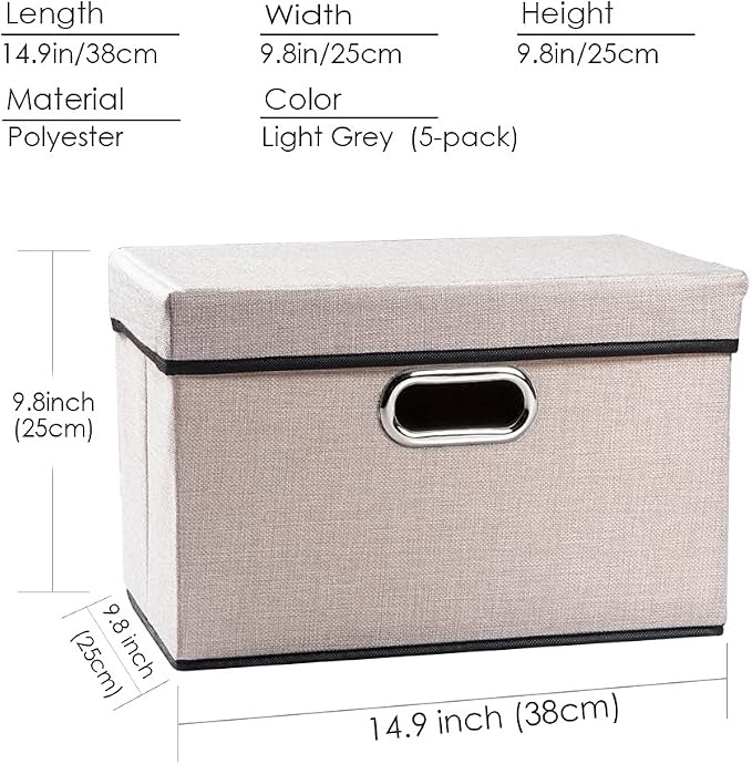 PRANDOM Foldable Storage Bin with Lid [5-Pack] Linen Fabric Decorative Storage Box Organizer Container Basket Cube with Handles Divider for Closet Office Living Room Light Grey(14.9x9.8x9.8) - Image 5
