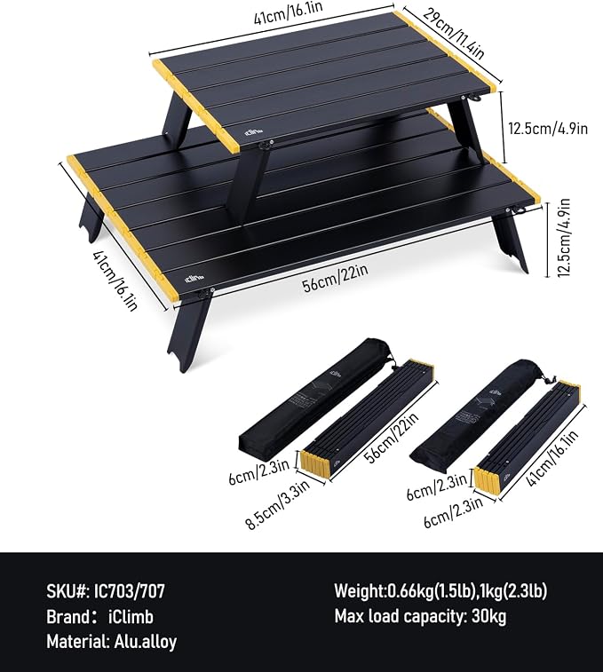 iClimb Ultralight Compact Mini Beach Picnic Folding Alu. Table with Carry Bag, Two Size (Black - L) - Image 3