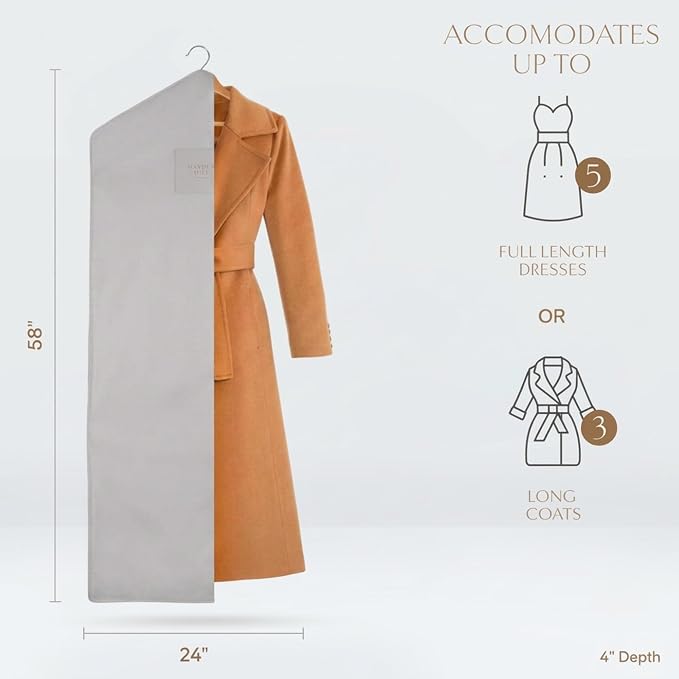 Hayden Hill Luxury Organic Cotton Garment Bag for Hanging Clothes Long 58" | Full Length Breathable Dress Bag, Moth Proof Hanging Garment Bags For Closet Storage, Certified Carbon Neutral, Gray - Image 2