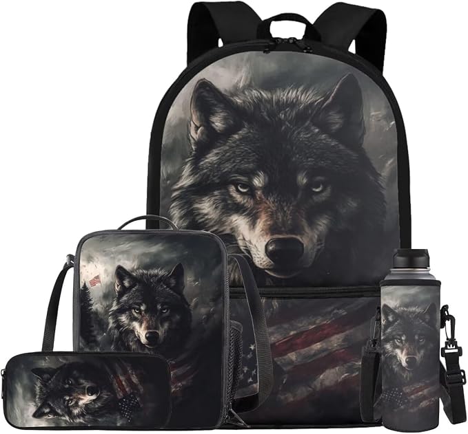 American Flag Wolf Backpack for Kids Boys Backpack with Lunch Box Water Bottle Bag and Soft Pencil Case 4PCS Set Bookbag with Front Pocket for School 17" Sturdy School Bag with Side Pocket by ELEDIZI