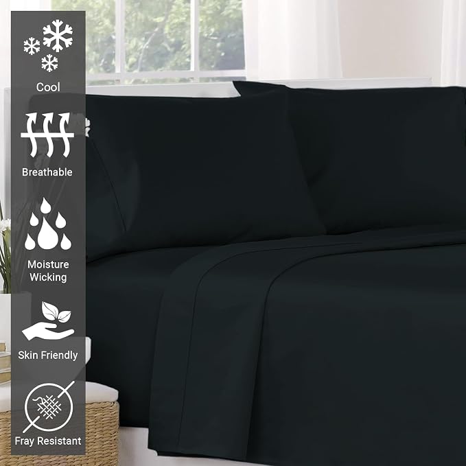 Pizuna Pure 100% Cotton Flat Sheets Only Queen Black (1 PC), Luxurious 400 Thread Count Long Staple Cotton Sateen with 4" Hem (Combed Queen Flat Sheet Only Cotton) - Image 2