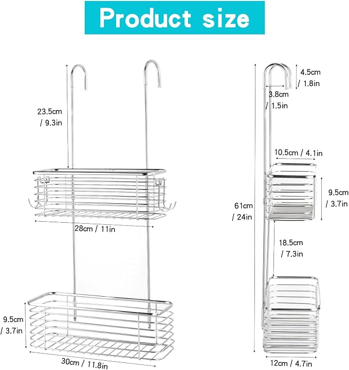 YQh Stainless steel double-layer shower rack, shower room hanging bathroom organizer, storage rack installed on the hanging bar or door, can store shampoo, hair conditioner, shower gel - Image 7