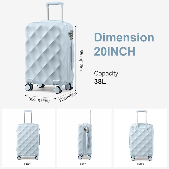 Somago Luggage Sets 20in Carry on Suitcase with TSA Lock YKK Zipper Spinner Wheels ABS Hardside Luggage 3 Piece Weekender Bags Travel Set, Light Blue - Image 4
