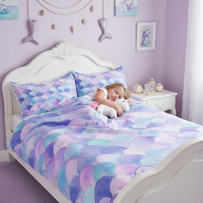 Erosebridal Fish Scales Duvet Cover Pink Purple Mermaid Scales Pattern Bedding Set for Adult Women Girls Bedroom Decor Comforter Cover Ocean Theme Decor Soft Bedspread with Zipper Ties, Full Size - Image 2